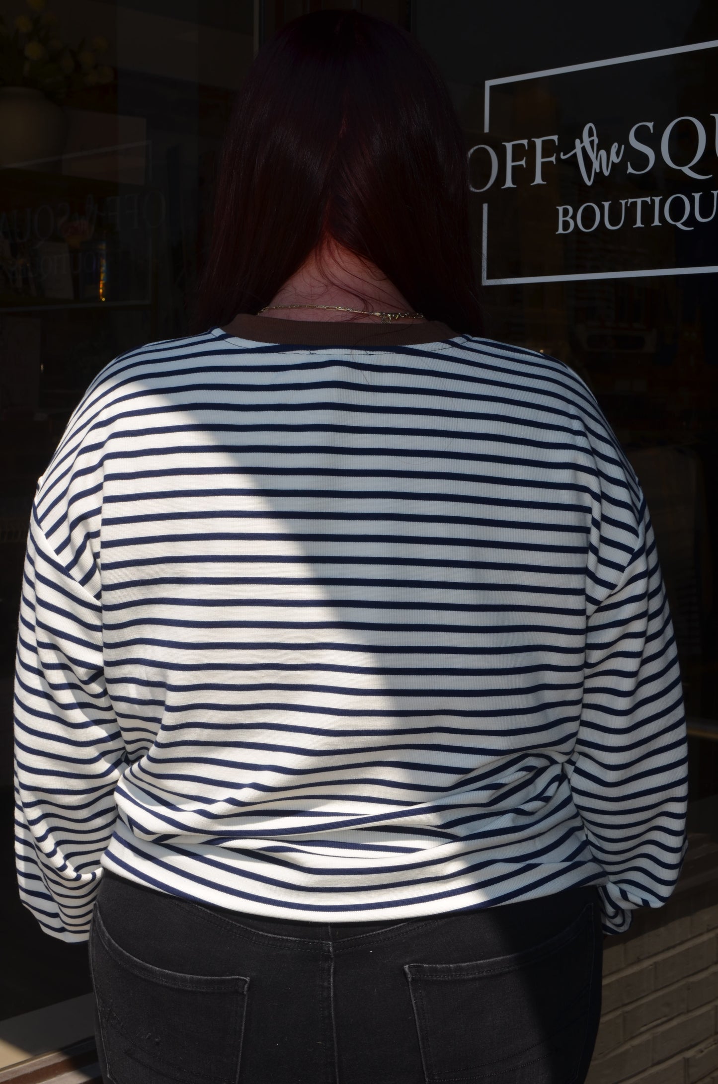 Stripe Crew Neck V Stitch LS Top