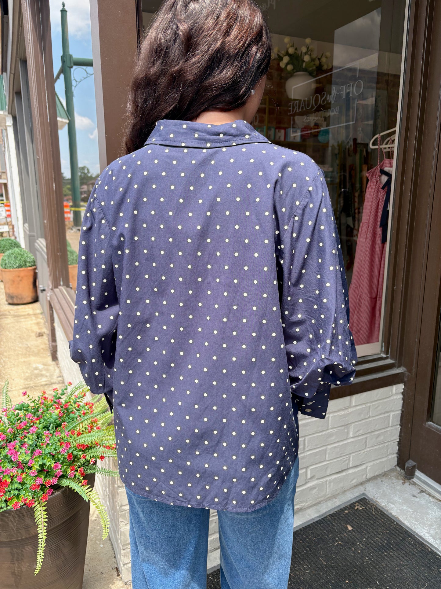 Navy Polka Dot Button Blouse