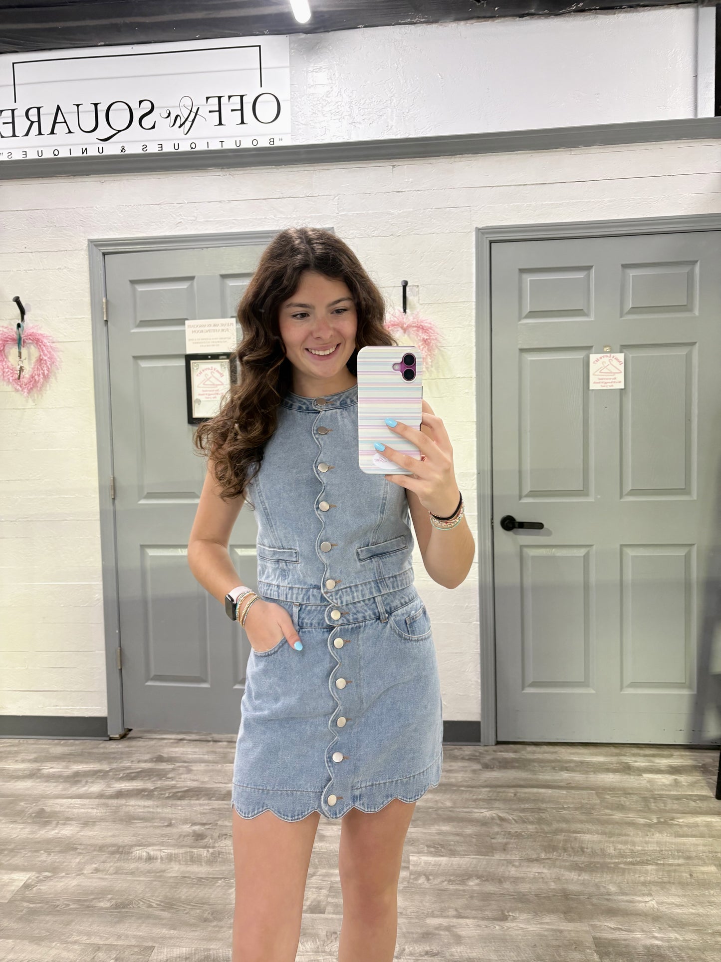 Button Down Scalloped Washed Denim Skirt