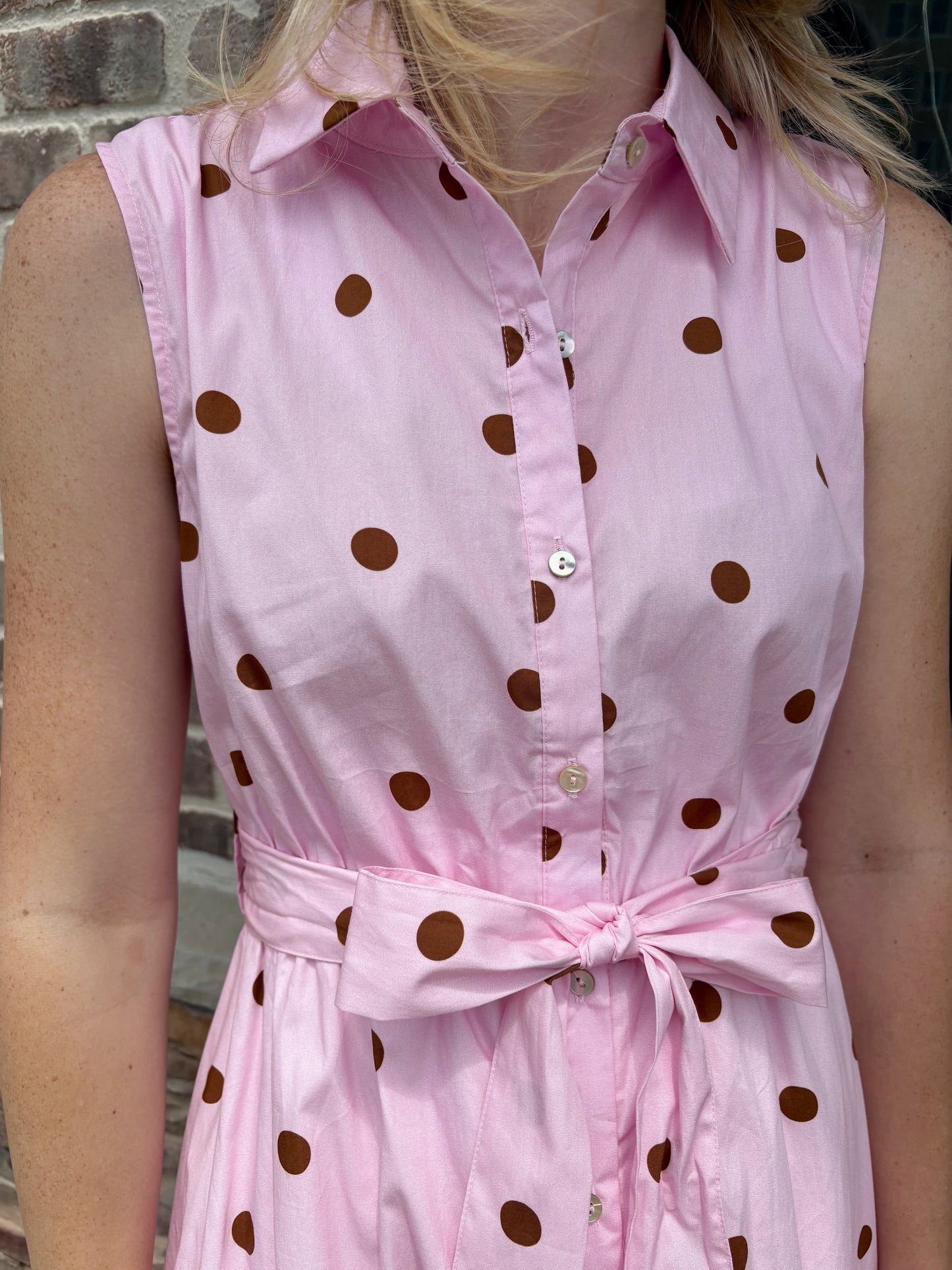 Pink/Brown Polka Dot Sleeveless Dress