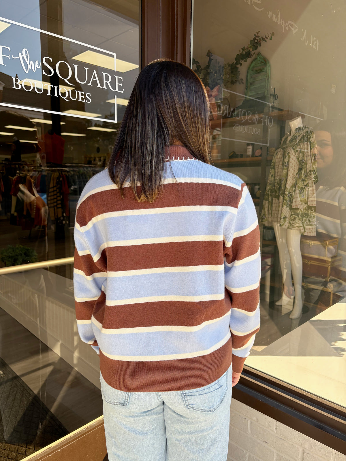 Brown and Blue Striped Collared Sweater