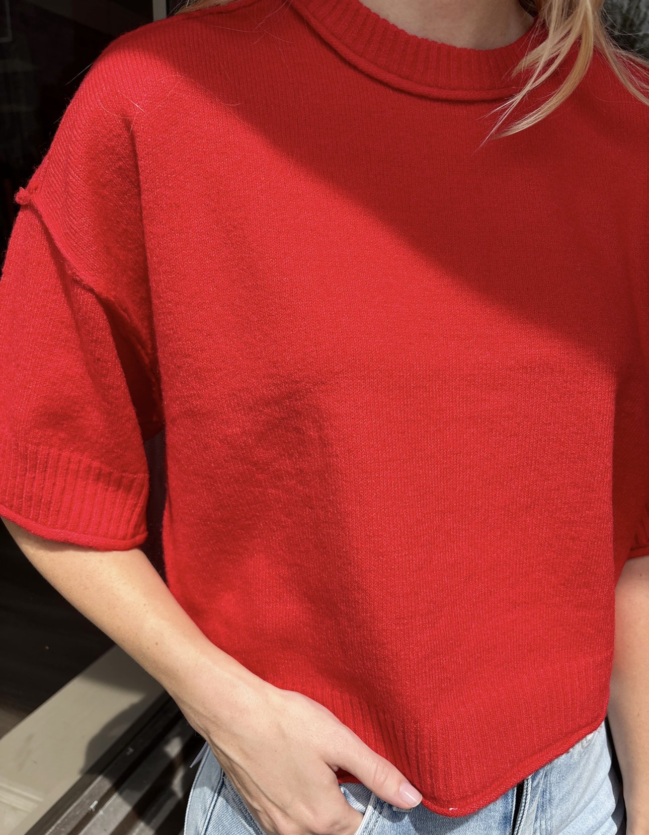 Red SS Exposed Seam Sweater Top