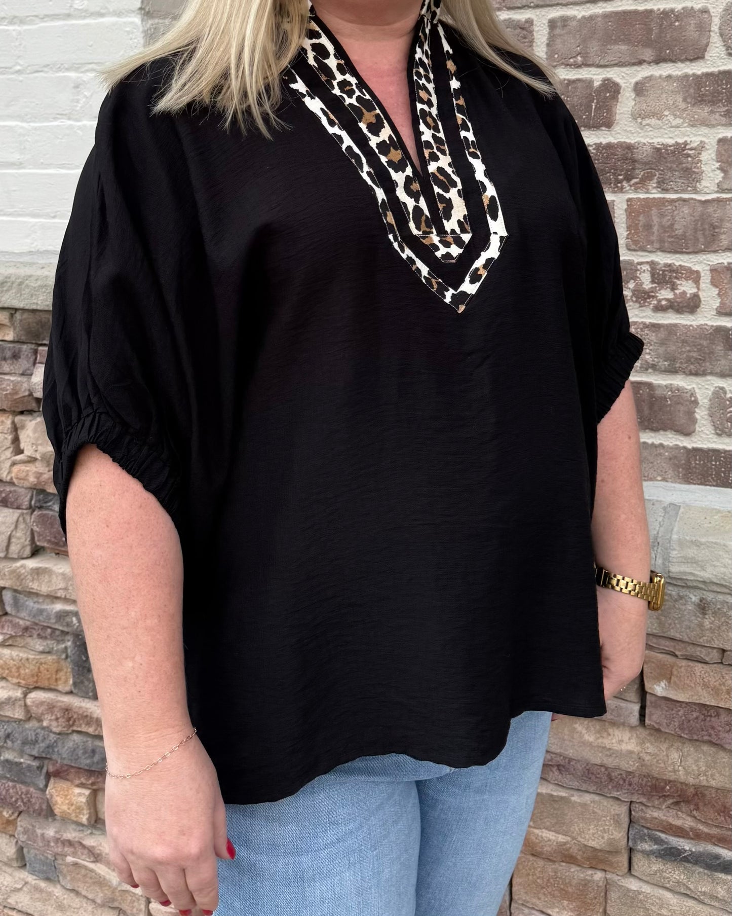 Plus Solid Dolman Top with Leopard Accent
