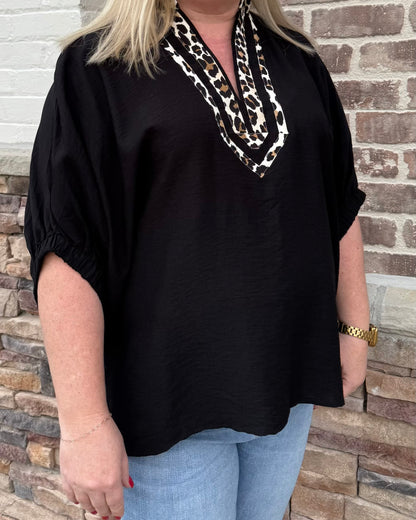Plus Solid Dolman Top with Leopard Accent