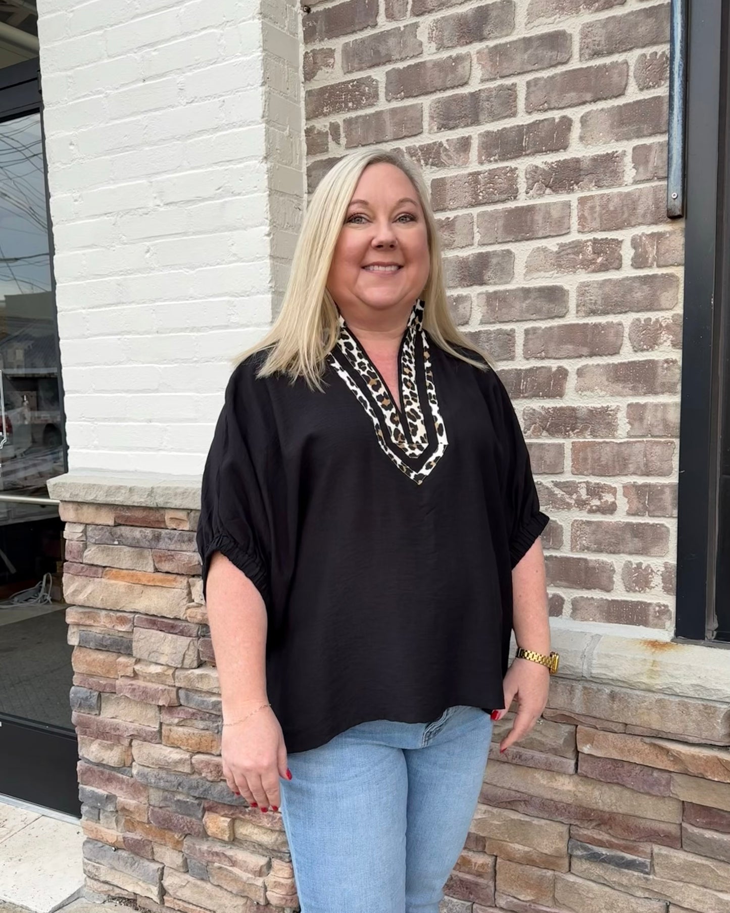 Plus Solid Dolman Top with Leopard Accent