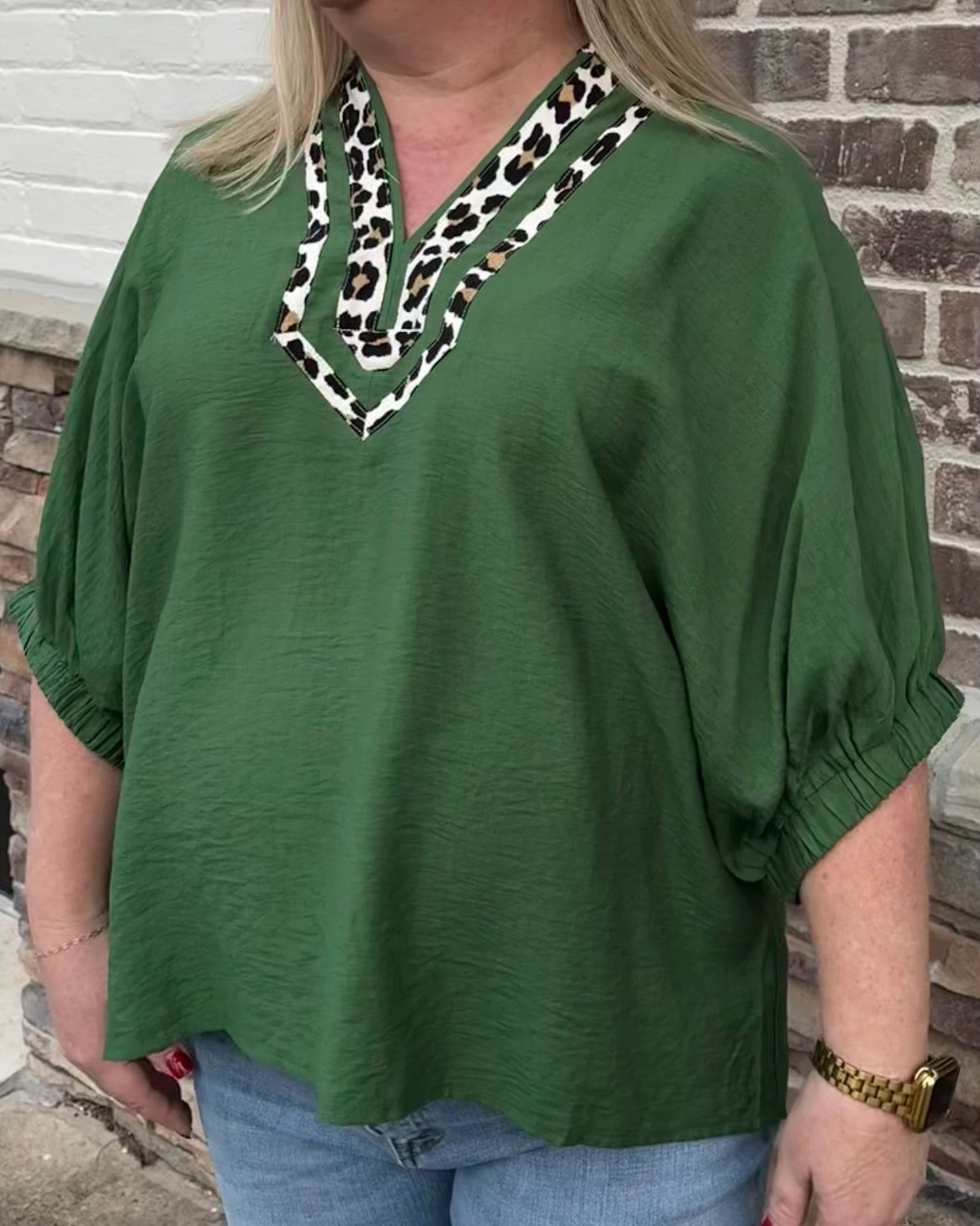 Plus Solid Dolman Top with Leopard Accent