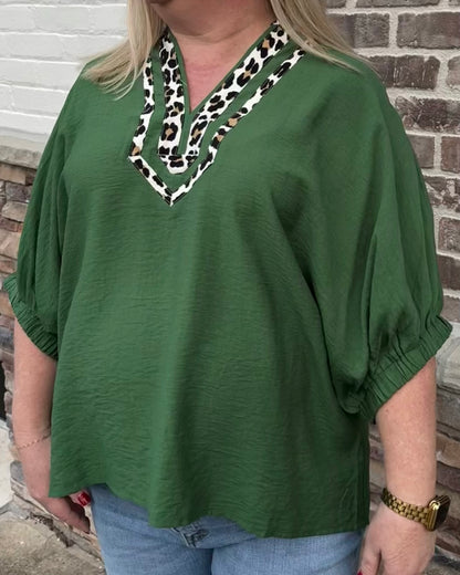 Plus Solid Dolman Top with Leopard Accent