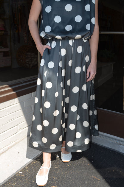 Olive HW Pleated Polka Dot Midi Skirt
