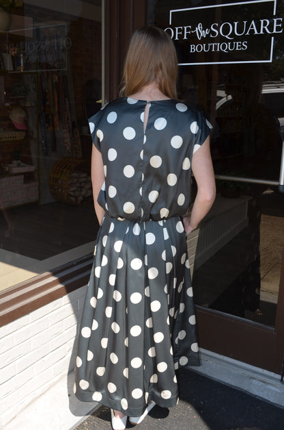 Olive HW Pleated Polka Dot Midi Skirt