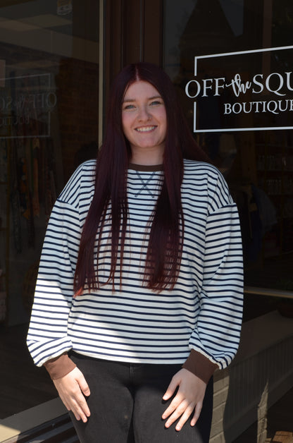 Stripe Crew Neck V Stitch LS Top