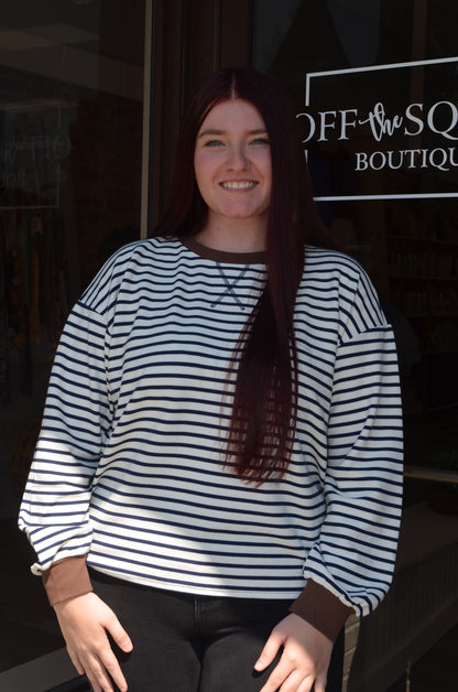 Stripe Crew Neck V Stitch LS Top