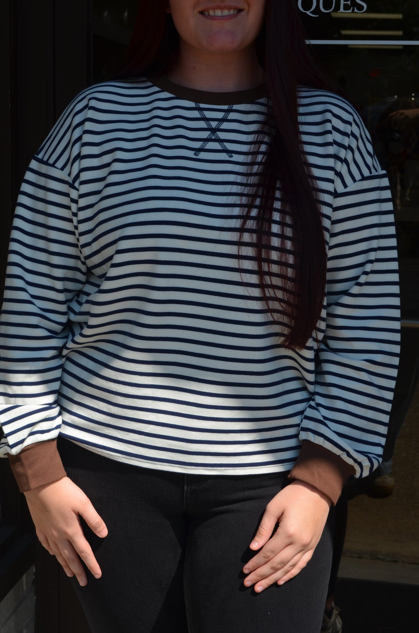 Stripe Crew Neck V Stitch LS Top