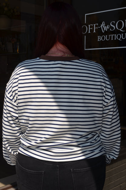 Stripe Crew Neck V Stitch LS Top