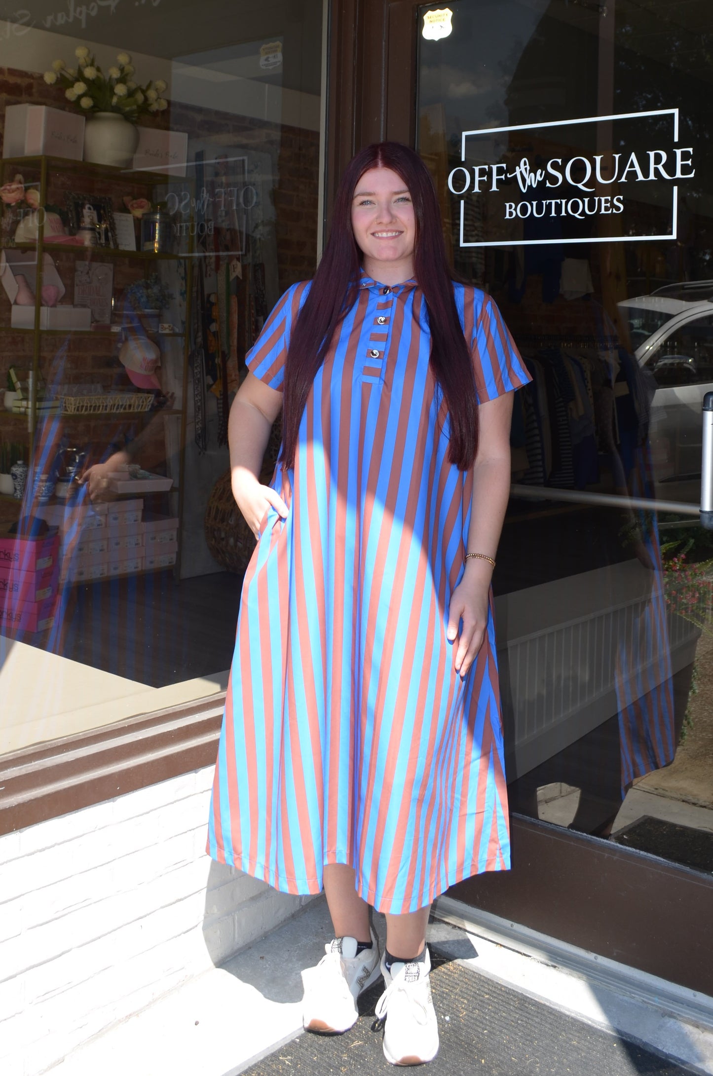 Blue/Brown Stripe High Neck Dress