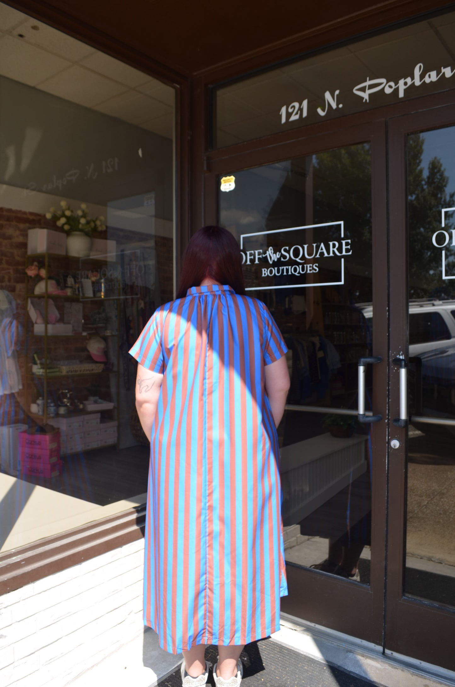 Blue/Brown Stripe High Neck Dress
