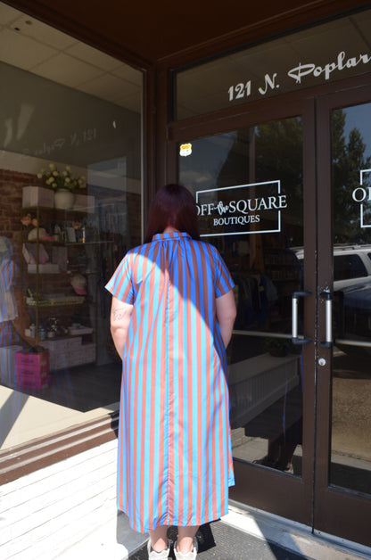 Blue/Brown Stripe High Neck Dress