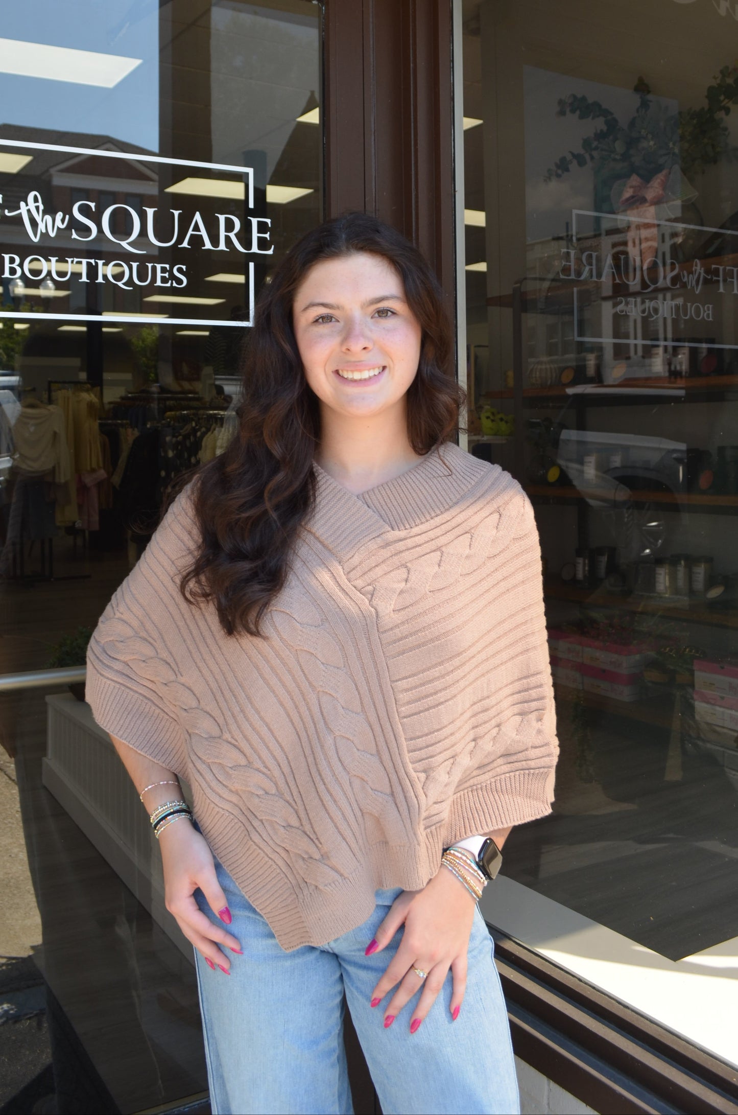 V-Neck Line Cable Knit Poncho