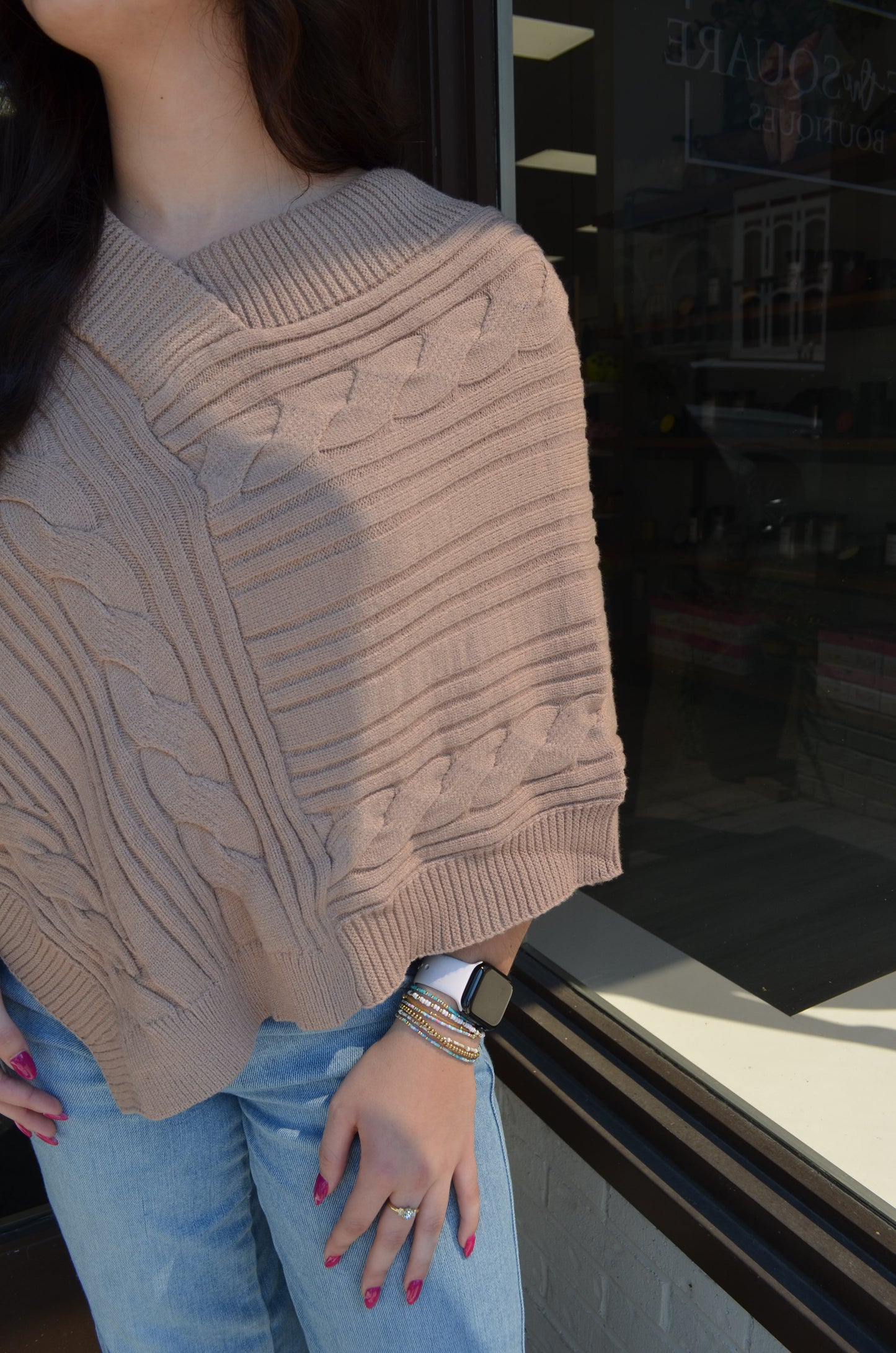 V-Neck Line Cable Knit Poncho