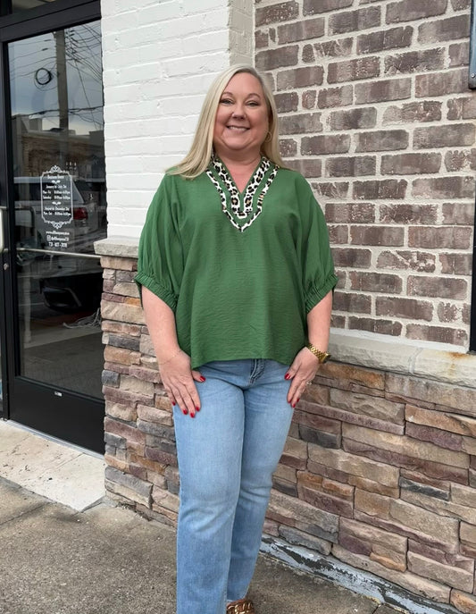 Plus Solid Dolman Top with Leopard Accent