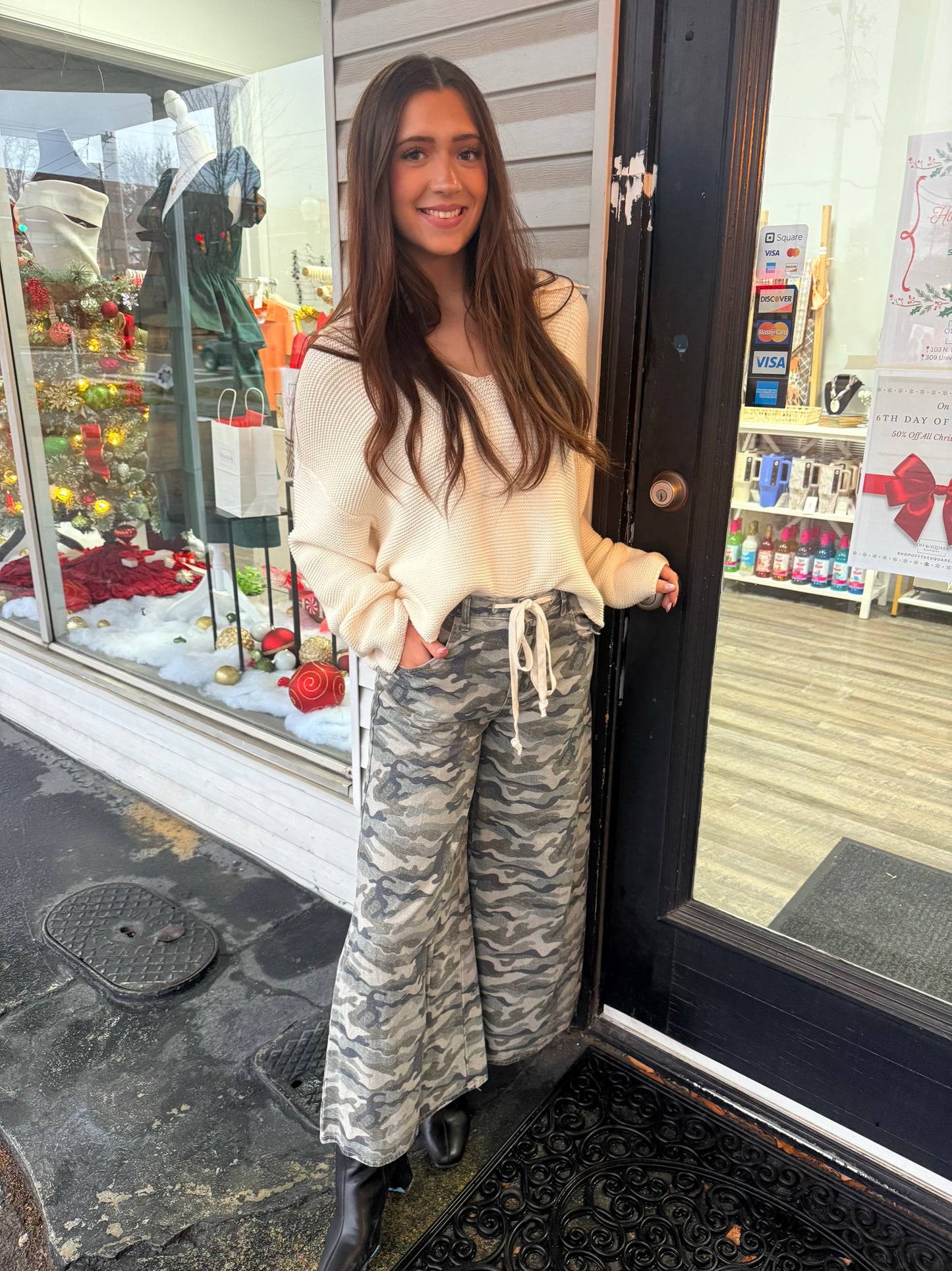 Camo Drawstring Wide Leg Pants