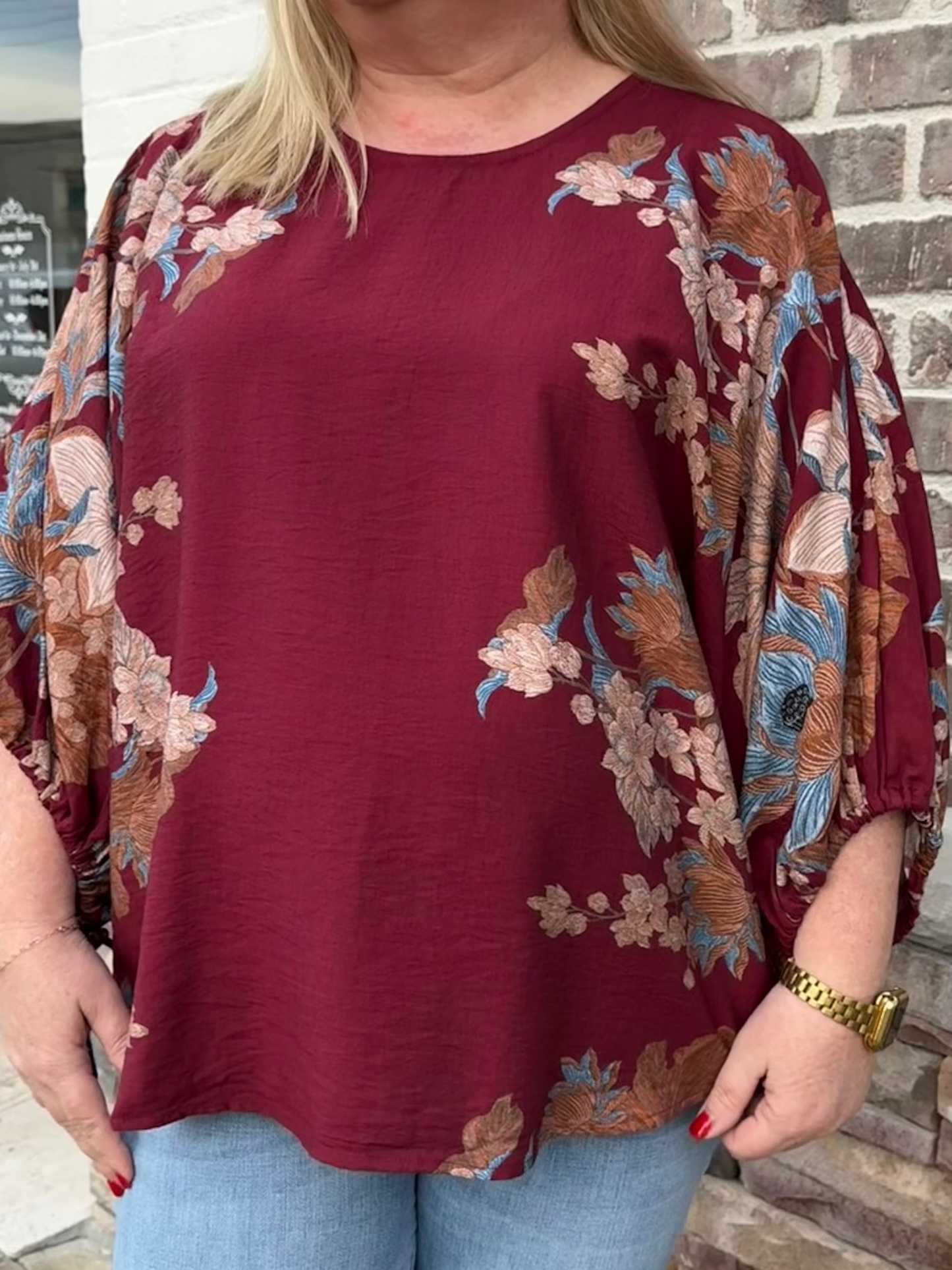 Burgundy Floral Plus Top