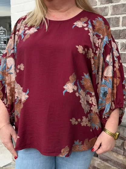 Burgundy Floral Plus Top
