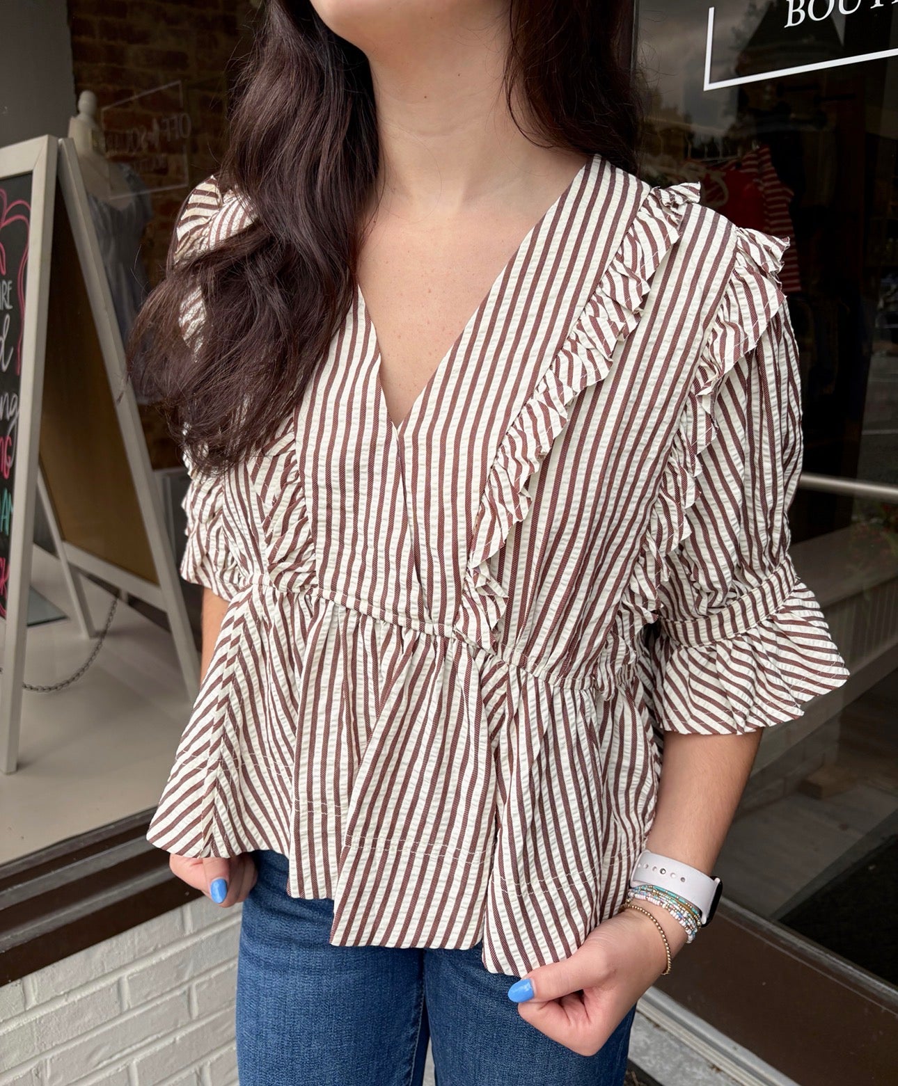 Brown Ruffle Collar Blouse