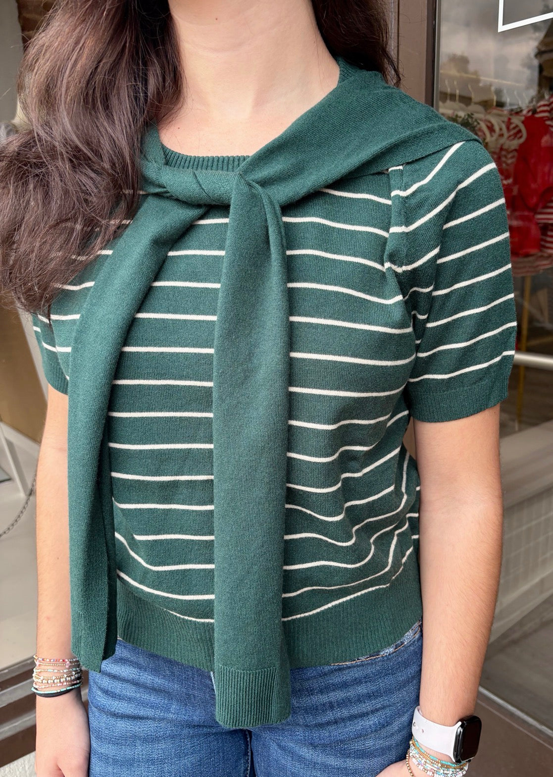 Stripe Top w False Cardigan