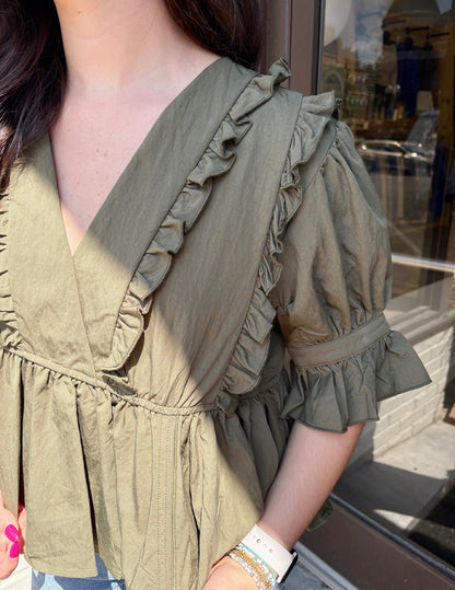 Olive Ruffle Detail Top
