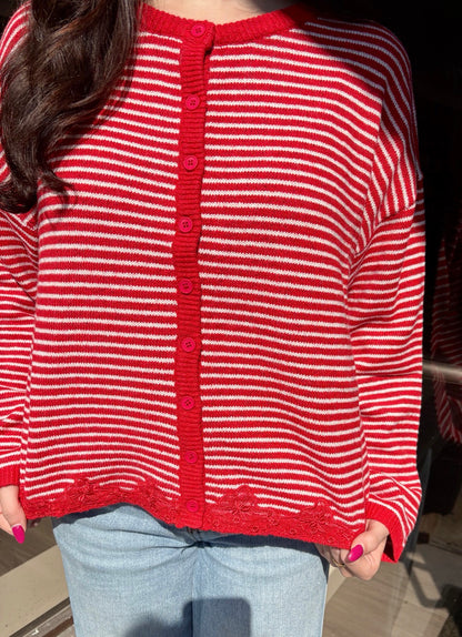 Thin Striped Lace Hem Cardigan