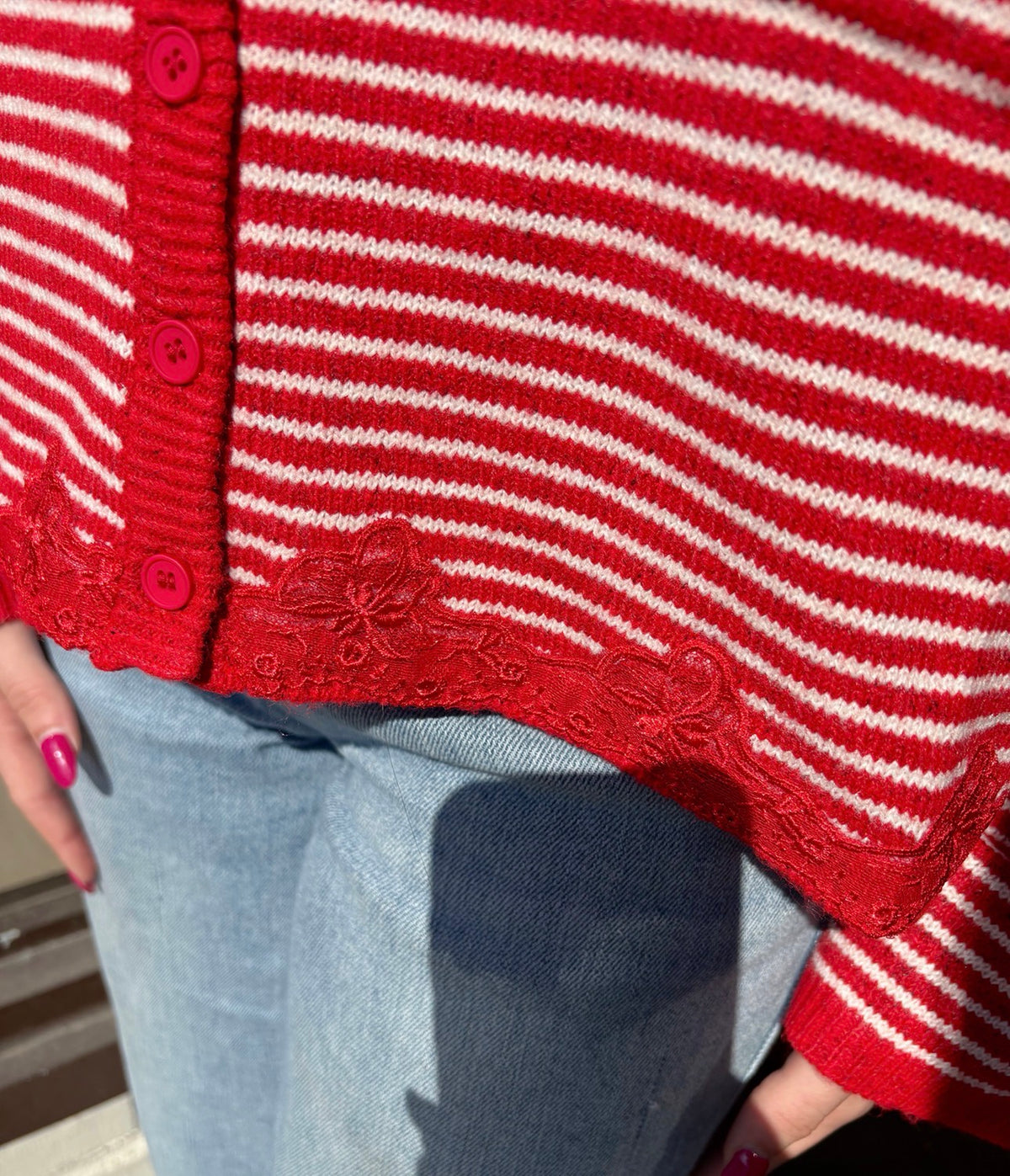 Thin Striped Lace Hem Cardigan