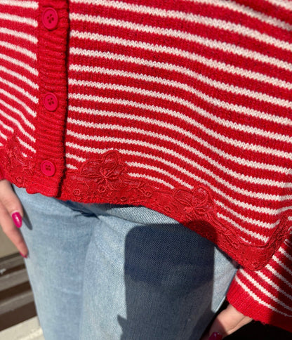Thin Striped Lace Hem Cardigan