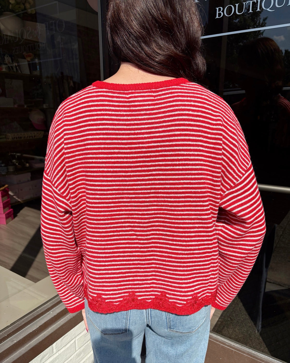 Thin Striped Lace Hem Cardigan