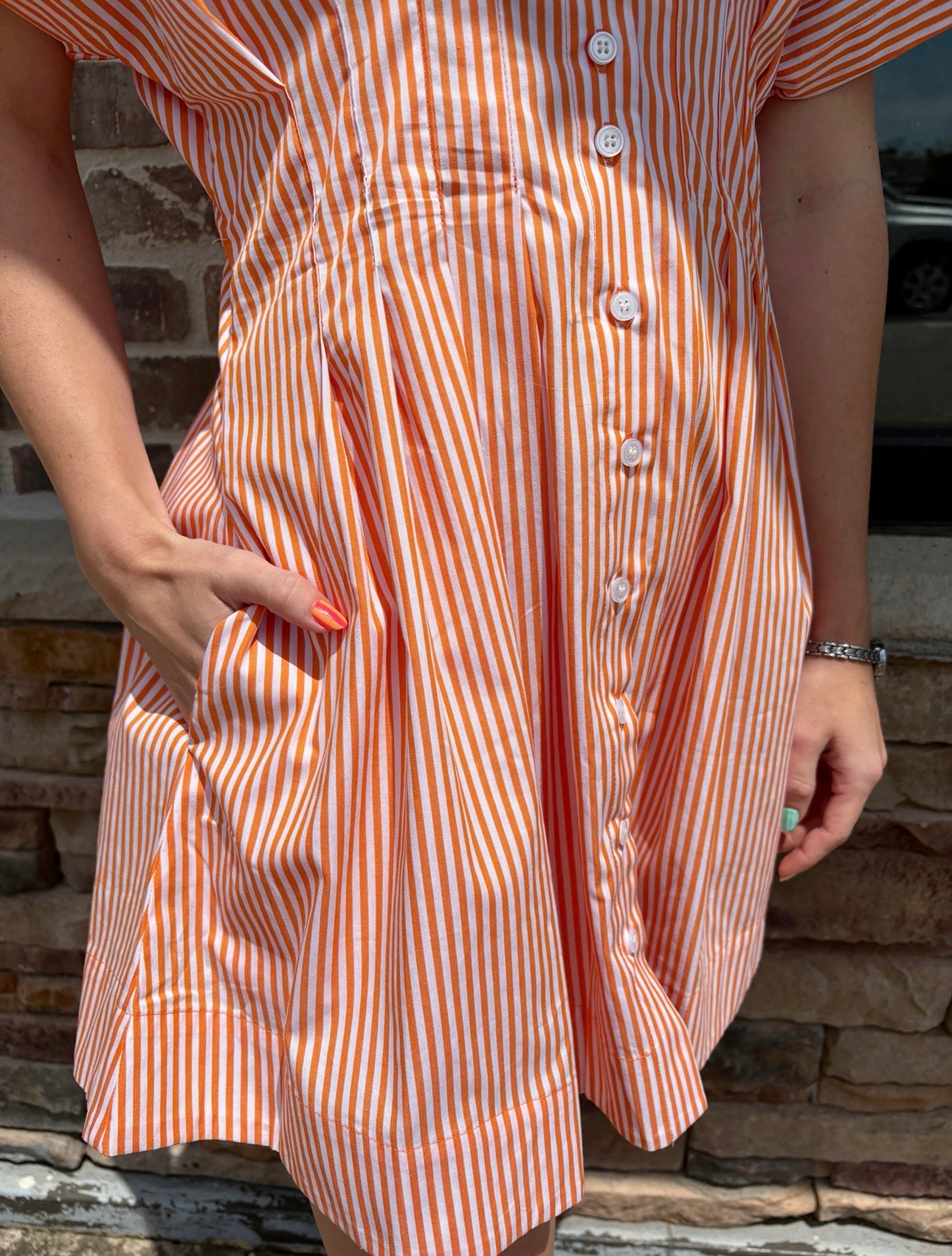 Orange Pleated Shirt Dress