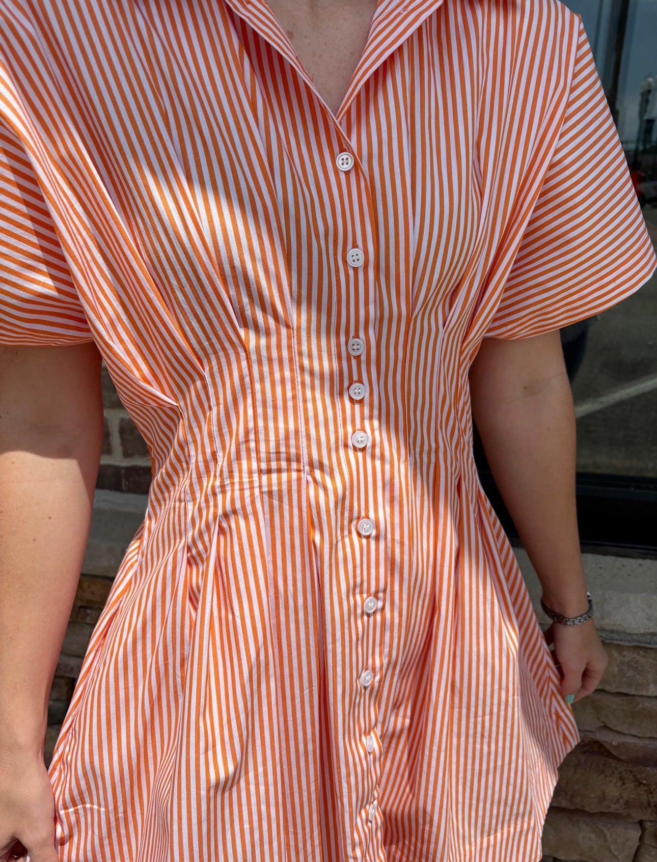 Orange Pleated Shirt Dress