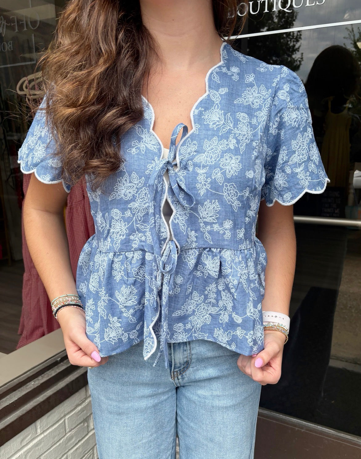 Floral Embroidered Tie Scalloped Top