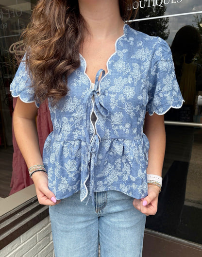Floral Embroidered Tie Scalloped Top