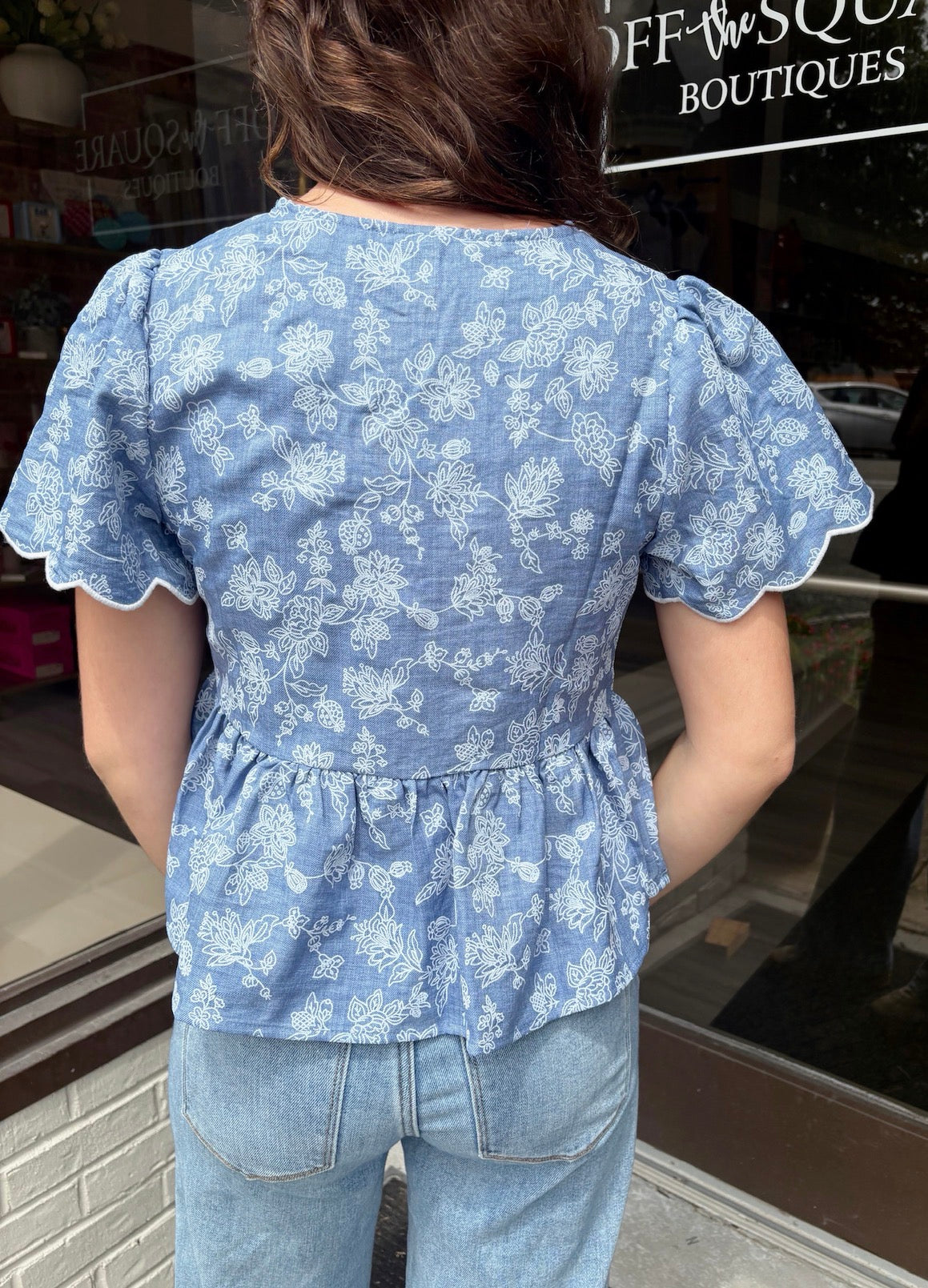 Floral Embroidered Tie Scalloped Top