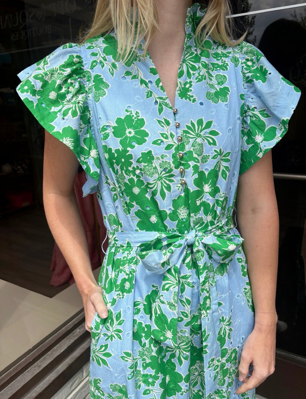 Eyelet Blue And Green Floral Dress