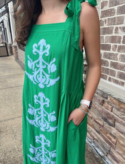 Embroidered Detail Maxi Dress With Tie Straps