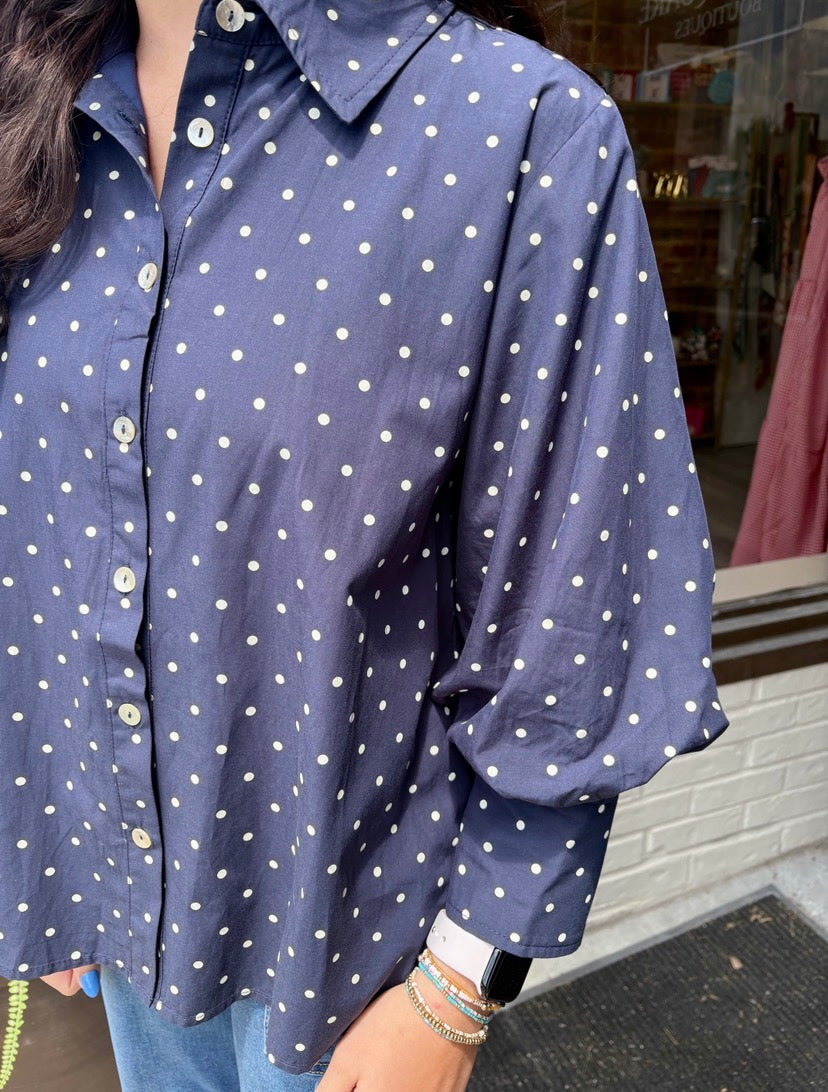 Navy Polka Dot Button Blouse