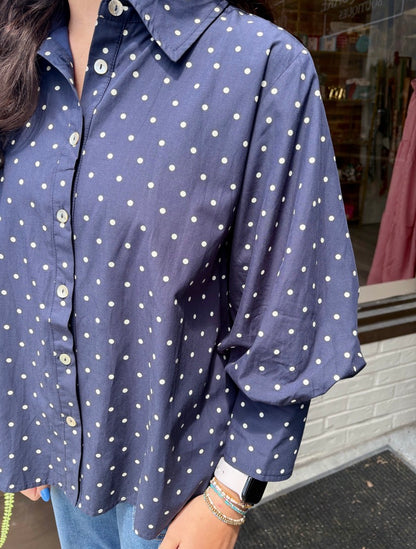 Navy Polka Dot Button Blouse