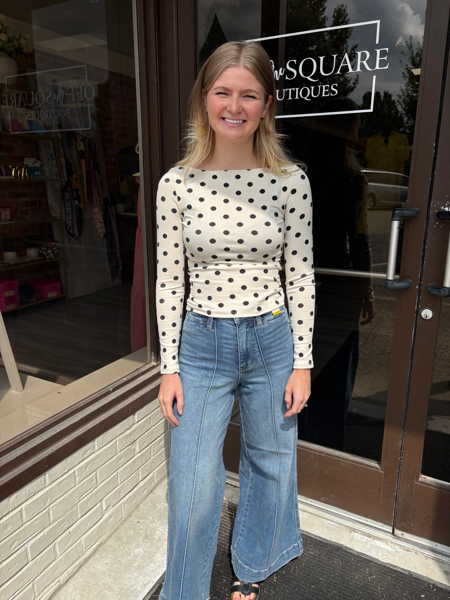 Polka Dot Boat Neck LS Top