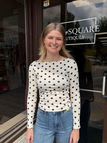 Polka Dot Boat Neck LS Top