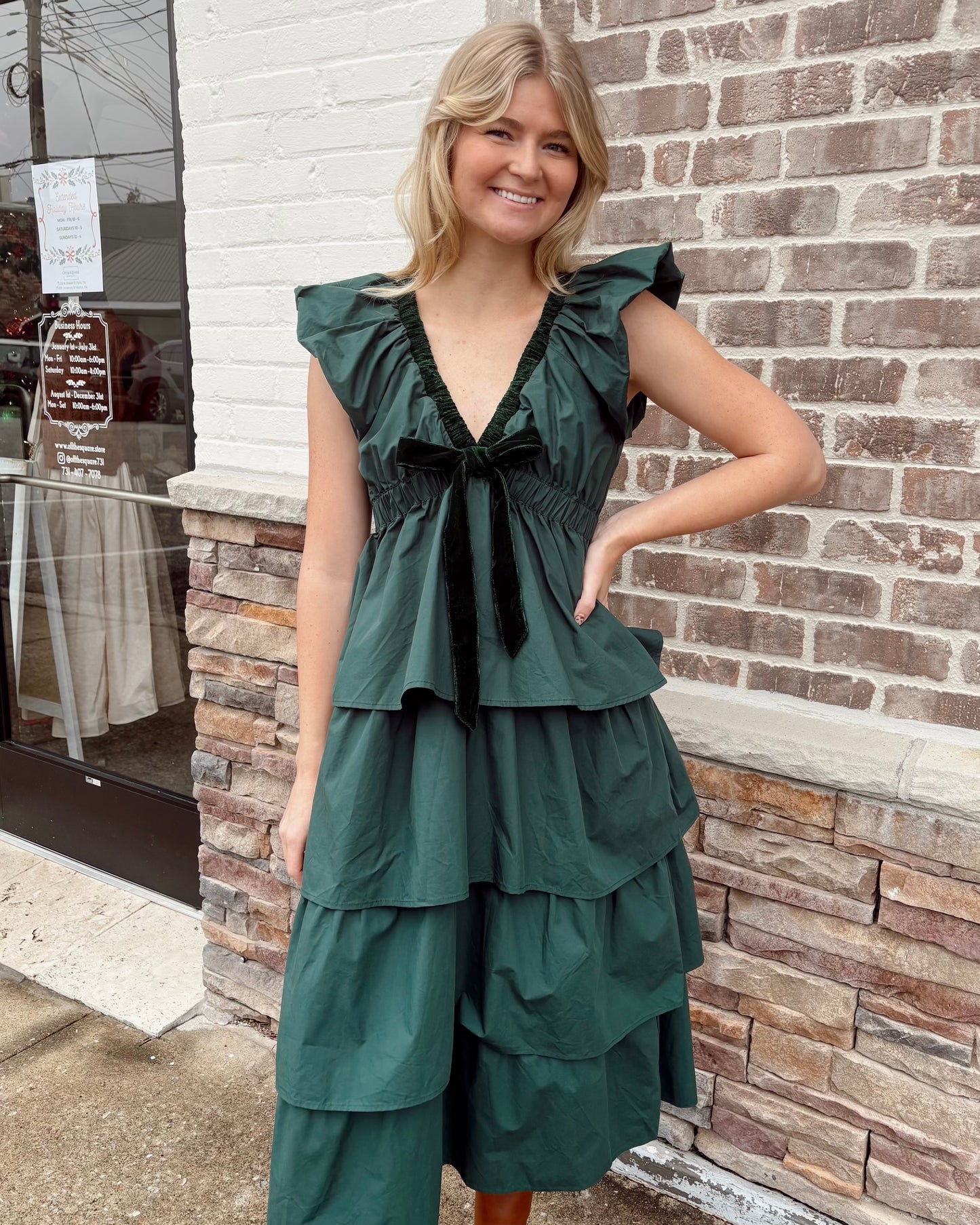 Velvet V Neck Layered Ruffle Dress