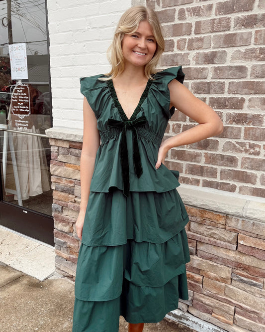 Velvet V Neck Layered Ruffle Dress