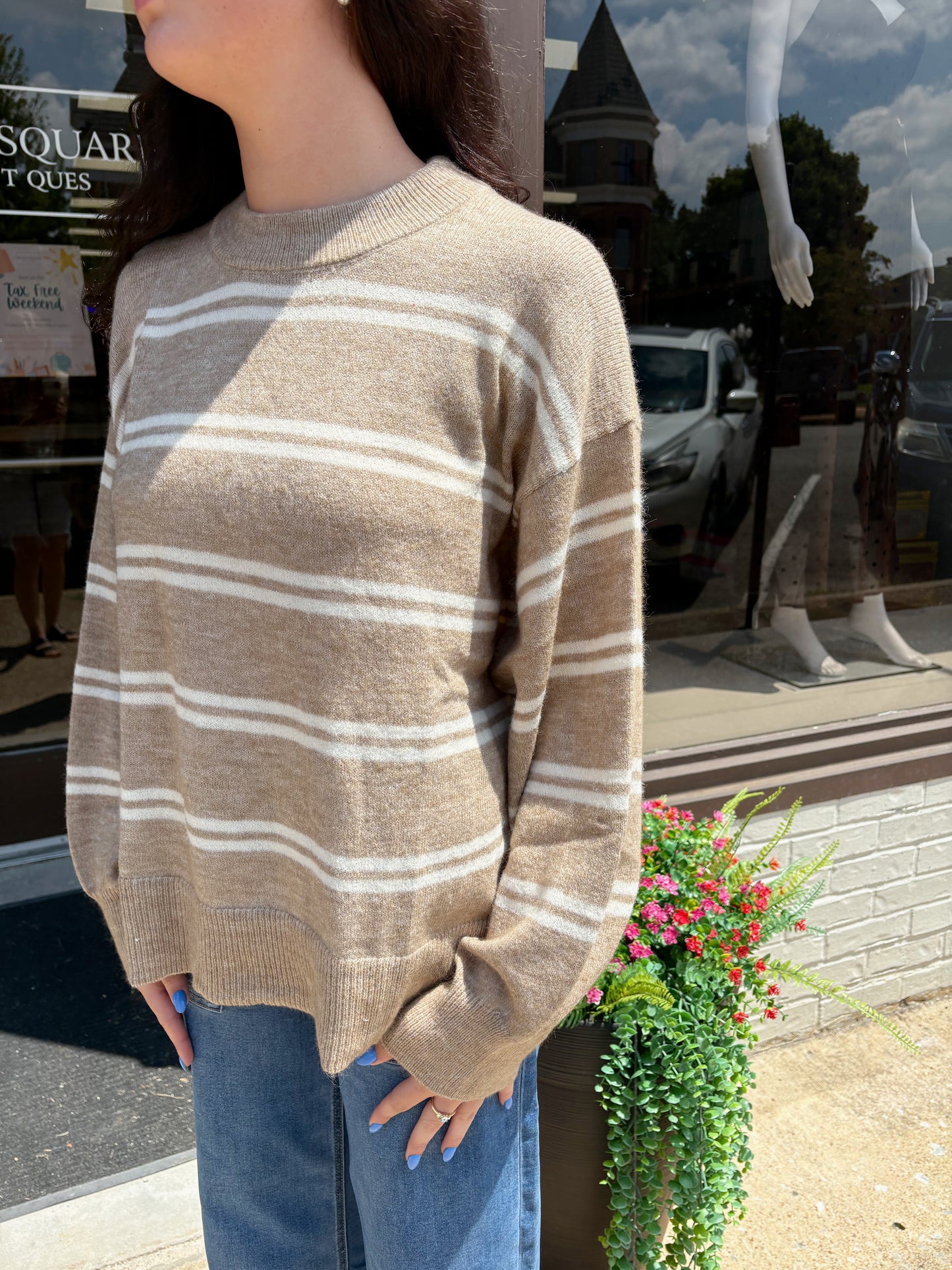 Stripe Drop Sleeve Crew Neck Pullover