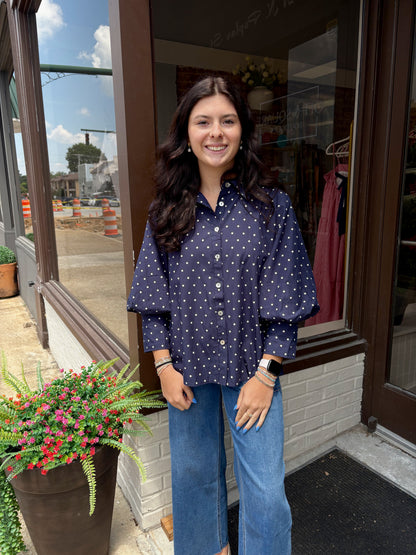 Navy Polka Dot Button Blouse