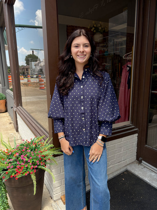 Navy Polka Dot Button Blouse