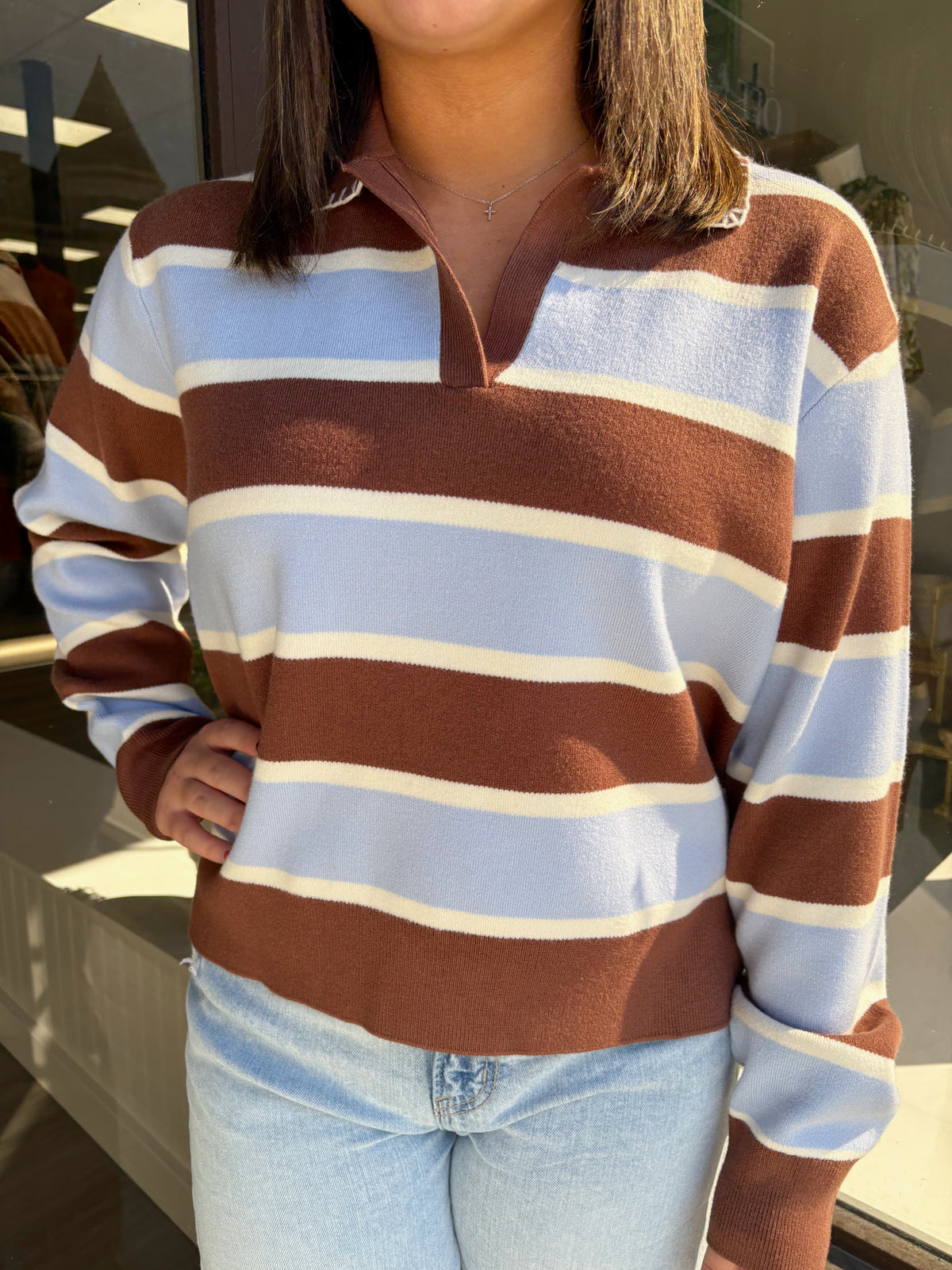 Brown and Blue Striped Collared Sweater